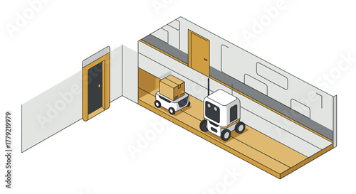 Isometric 3d autonomous delivery robots in warehouse corridor setting