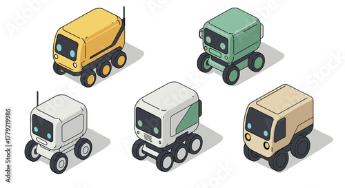 Cute isometric robot vehicles in trendy pastel colors on white background