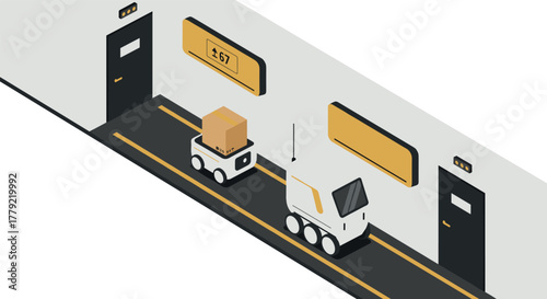 Isometric automated delivery robot tracks package in modern indoor corridor