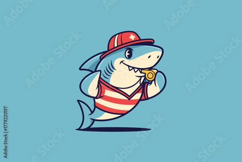 Cute Cartoon Shark Wearing a Hat and Blowing a Whistle.