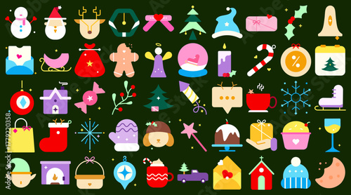 Christmas flat icon set. Winter holiday symbols with Santa, snowman, gifts, tree, candy cane, bell, snowflake, gingerbread, and festive elements. Colorful vector illustration.