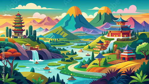 Very beautiful panoramic view showcasing the diverse landscapes and cultures of Asia, featuring mountains, temples, rice terraces, deserts, and coastal regions in a realistic and colorful atmosphere.