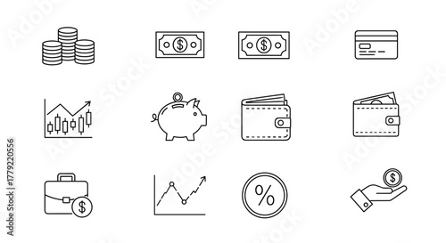 A collection of clean, minimalist line icons representing financial concepts, including stacks of coins, banknotes, a credit card, a piggy bank, wallets, a briefcase with a dollar sign, financial