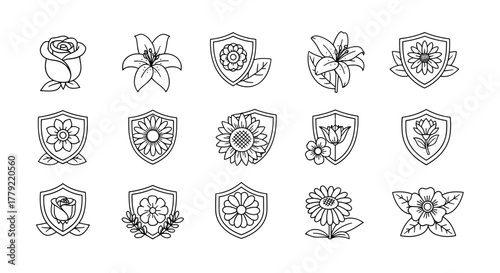Collection of elegant floral emblems and shields, featuring a diverse array of flowers like roses, lilies, sunflowers, and daisies, rendered in a clean white outline style on a black background