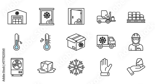 Collection of freezer warehouse line icons, including a warehouse, freezer door, open door, forklift, stacked goods, thermometers, cardboard box, refrigerated truck, worker, fan, melting ice cube