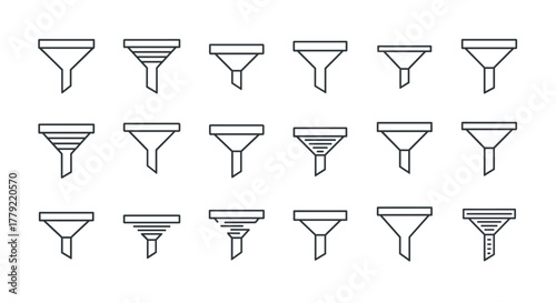 Collection of minimalistic outline funnel icons for web and graphic design, apps, banners, social networks, and cards. Vector cartoon illustration with a white background, representing filtering