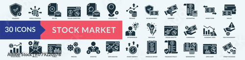 Stock market icon collection set with revenue,secure payment,cashback,accounting,money flow
