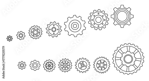 Collection of outline icons representing gears and cogwheels in various sizes, showcasing a mechanism. These editable stroke vector graphics are perfect for infographics, articles, books, flyers, and