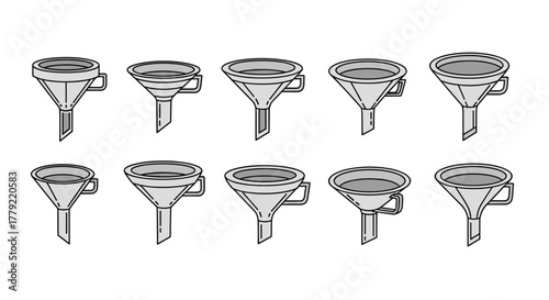 Set of ten modern outline style funnel icons, perfect for design projects, cards, apps, and social networks. This vector cartoon illustration features a clean, ordered set of funnels on a white