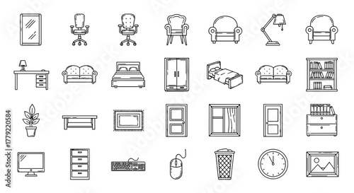 A comprehensive collection of outline icons representing various furniture and interior design elements, perfect for banners, infographics, and articles. Includes workplace essentials like desks
