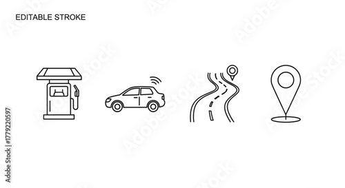 Collection of simple, isolated line icons representing a gas station, a car with a signal, a winding road with a map pin, and a standalone map pin, perfect for web sites, books, cards, and apps