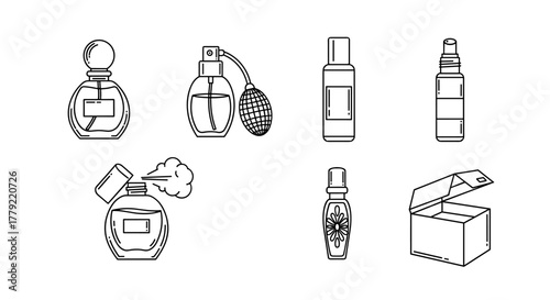 Collection of elegant perfume bottles and a gift box, presented as clean line art icons on a black background, perfect for web, books, cards, and apps, symbolizing fragrance and luxury.