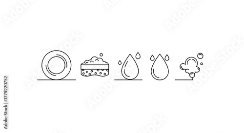 Minimalistic thin line icon set representing dishwashing process: a plate, a sponge with bubbles, water drops, and soap foam, suitable for web, graphic design, apps, banners, social networks, and