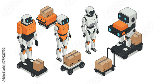 Futuristic isometric robots handling packages and logistics on scooters
