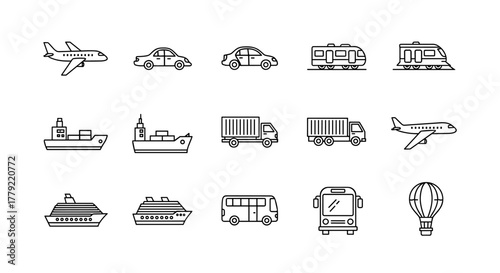 Passenger, Cargo, and Cruise Transport Icons: A Set of Thin, Editable Stroke Vector Illustrations Perfect for Websites, Books, Cards, and Apps, Featuring Airplanes, Cars, Trucks, Ships, Trains