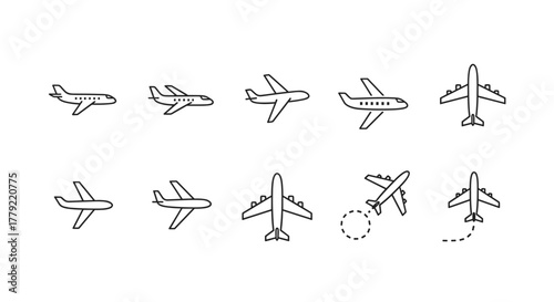 Collection of minimalistic airplane and jet icons, representing various aircraft types and flight paths, perfect for web design, graphic design, app interfaces, banners, social media, and cards