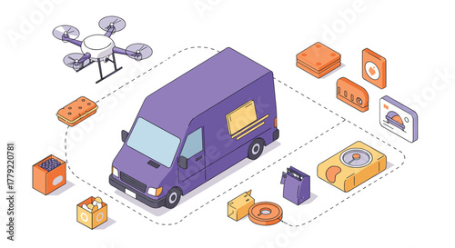 Isometric delivery van and drone with modern technology elements in a 3d art style