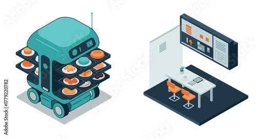 Isometric food delivery robot and modern office workspace concept