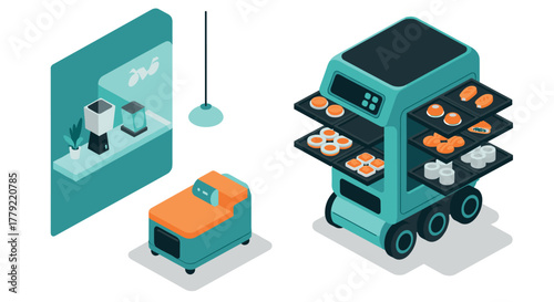 Autonomous kitchen robot with smart appliances in isometric style for modern cooking