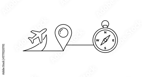 Minimalist line art vector illustration depicting a journey: an airplane taking off, a map pin marking a location, and a compass indicating direction, symbolizing travel, navigation, and adventure