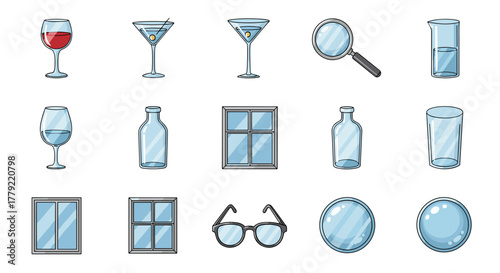 Collection of cartoon icons featuring various glass objects and windows, including wine glasses, martini glasses, bottles, beakers, magnifying glass, eyeglasses, and circular lenses, ideal for web