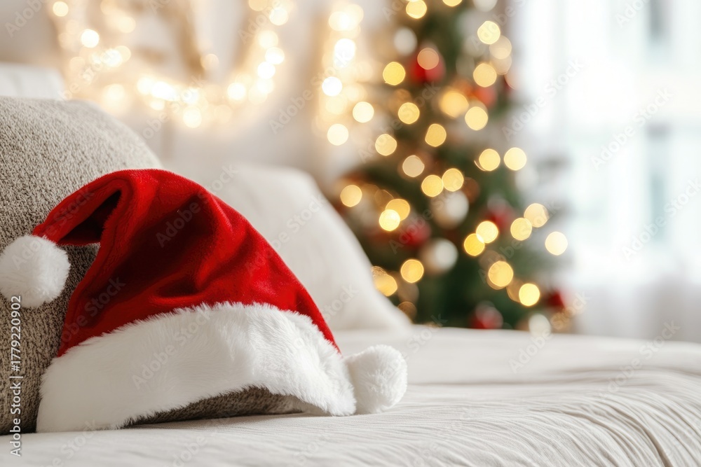 Fototapeta premium Cozy christmas scene with santa hat on bed and festive holiday decorations