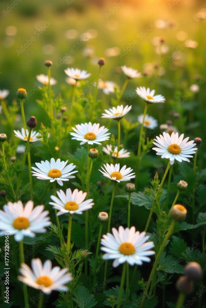 Fototapeta premium Vibrant Meadow Symphony Close up macro view of diverse wildflowers in full bloom, bathed in golden hour sunlight, showcasing intricate petal details and dew drops. A breathtaking close up macro