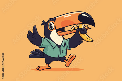 Cute Cartoon Toucan Bird Wearing Shirt Holding Banana in Beak.