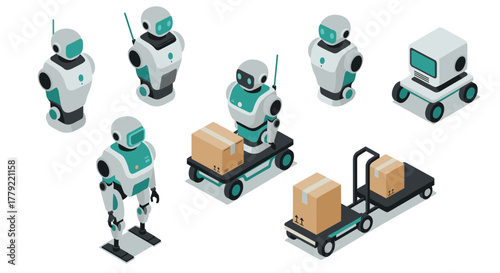 Warehouse robots and delivery drones in isometric design for logistics innovation