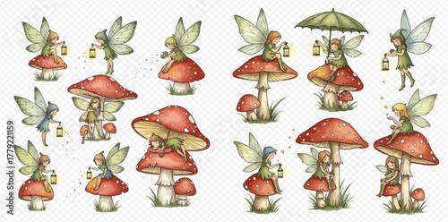 Whimsical watercolor illustrations of cute forest fairies with lanterns sitting and flying around red toadstool mushrooms.