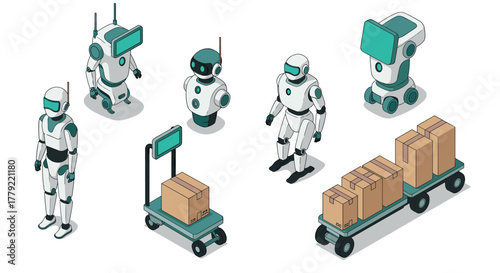 Isometric robots and automated trolleys in logistics and delivery scene