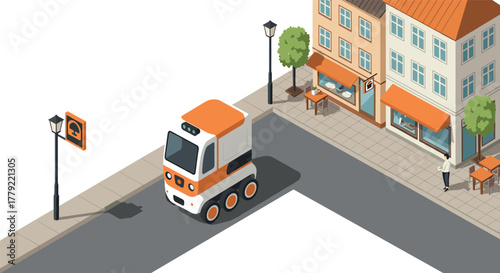 Autonomous delivery robot navigating urban street in isometric view