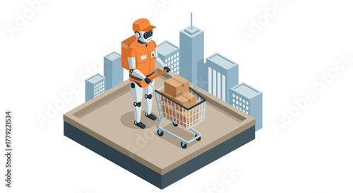 Delivery robot in urban setting with packages and shopping cart