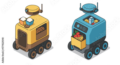 Modern isometric delivery robots with groceries and snacks for futuristic urban lifestyle
