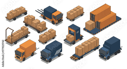 Isometric cargo and transport vehicles with shipping containers and boxes