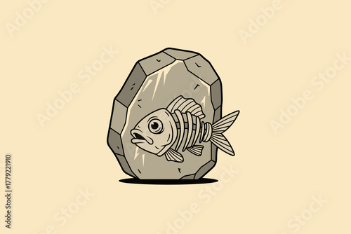 Fish Fossil in Rock Illustration.