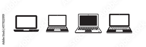 Minimalist black and white vector illustrations of laptops, ideal for app icons, website graphics, or presentation slides, Vector illustration EPS 10.
