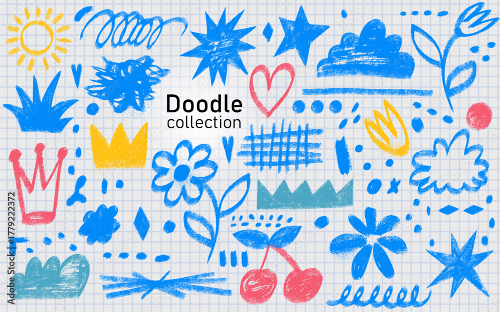 Naklejka premium Hand drawn colorful charcoal doodle shapes and squiggles set in childish girly style. Crayon texture vector art with hearts, stars, crowns, flowers, clouds, and playful grunge collage elements.