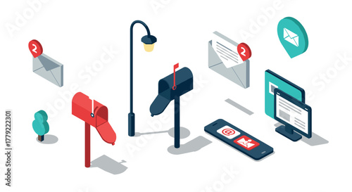 Isometric email and communication icons with mailboxes and digital elements