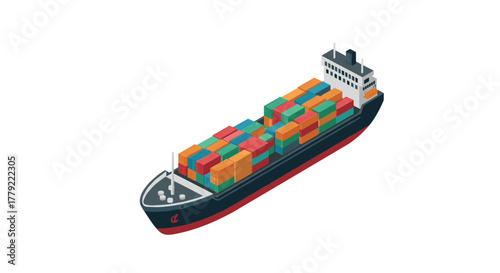 Isometric cargo ship with colorful containers on white background