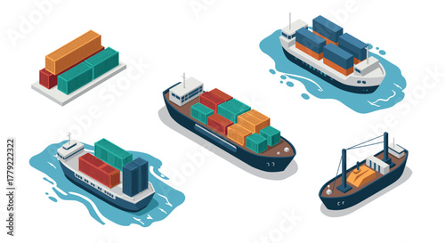 Isometric cargo ships and containers illustration for maritime transport concepts
