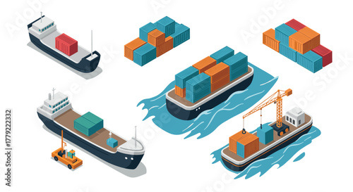 Isometric cargo shipping elements with containers and transport ships