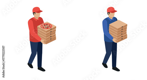 Delivery personnel carrying pizza boxes in isometric style