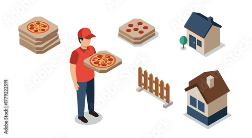 Isometric delivery concept with pizza, houses, and courier in uniform