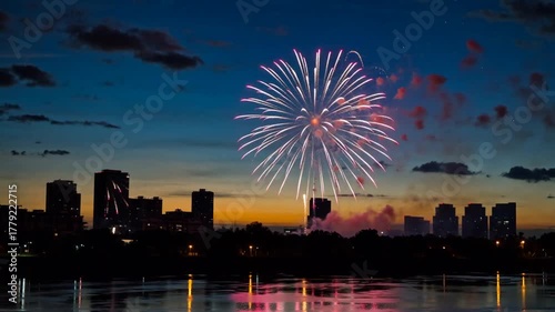 City Skyline Silhouette with Fireworks – Minimal New Year  Celebration
