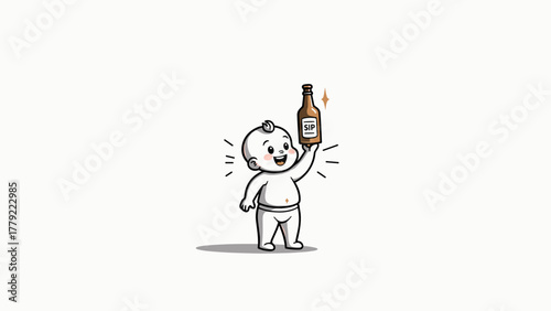 Cartoon baby holding a bottle and smiling with joyful expression  