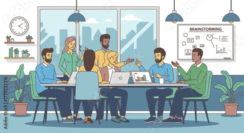 Diverse group of professionals collaborating around a table in a modern office meeting room, discussing ideas with laptops and a whiteboard.