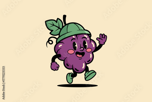 Cute Cartoon Grape Character Wearing a Green Hat and Waving.