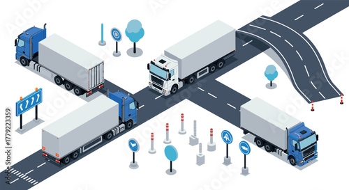 Isometric trucks on an urban road network with traffic signs