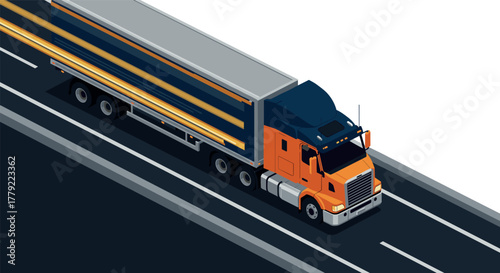 Modern isometric semi truck driving on highway with orange cab
